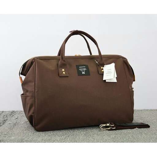 a brown bag with a tag on it.