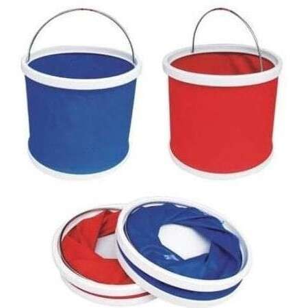 a set of three buckets with a blue and white lid.