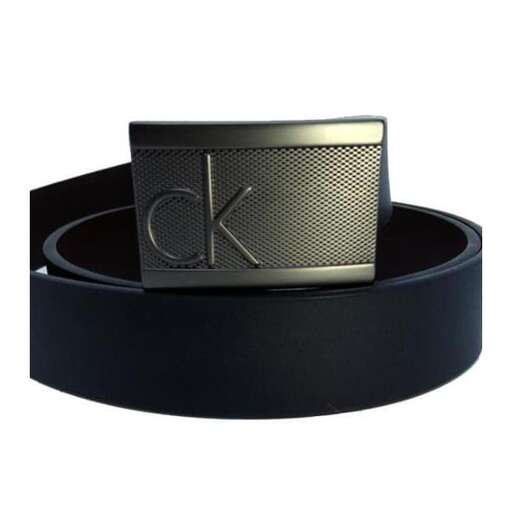 black leather belt with a logo