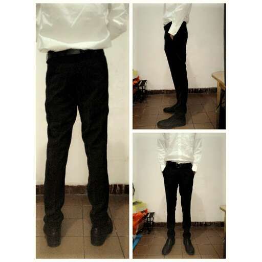 black pants with a white shirt and black tights.