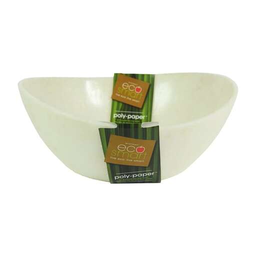 a white bowl with a green label