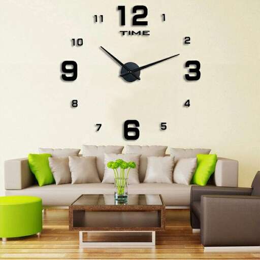 a living room with a couch, coffee table and a clock.