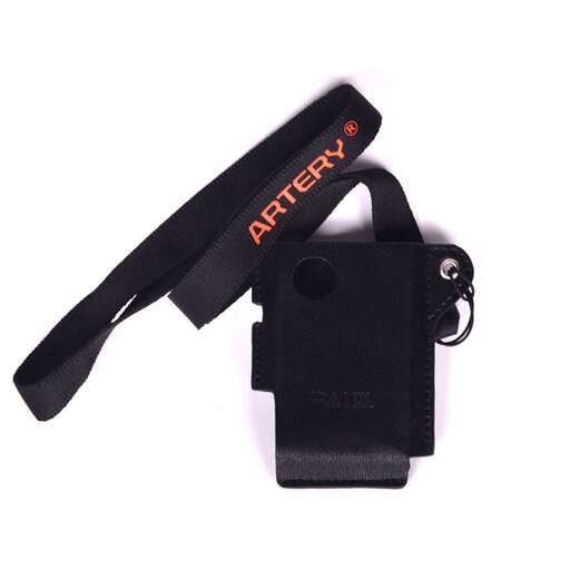 a camera strap with a black strap attached.