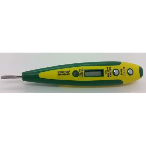 a green and yellow electric razor with a digital thermometer showing the temperature.