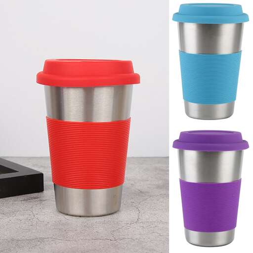 a set of stainless steel cups with a pop of color.