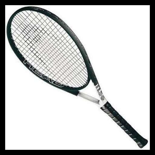 a black and white tennis racket with a white background