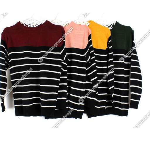 a collection of black and white striped sweaters
