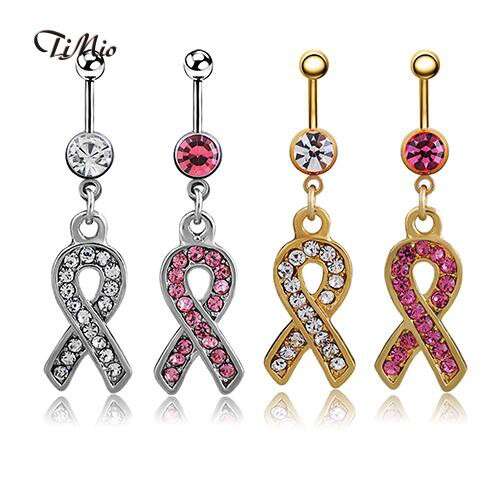 a pair of earrings with a pink ribbon and diamonds.