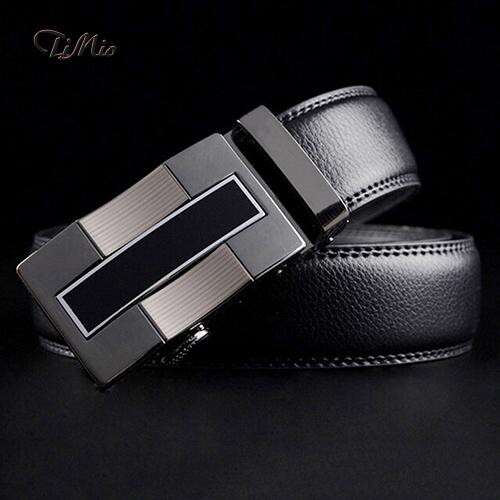 a leather belt with a black leather strap and a silver buckle.