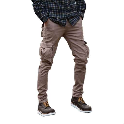 a man with a plaid shirt and brown pants