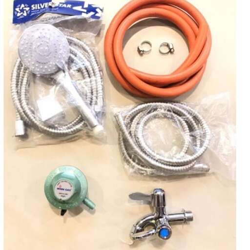 a bunch of different types of wires and a hose.