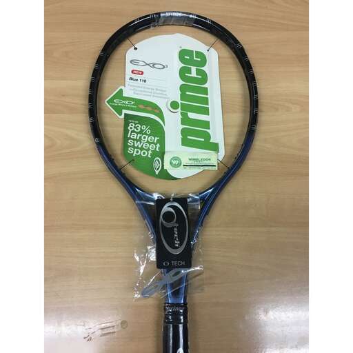 a tennis racket with a label on it.