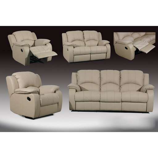 a set of three couches in beige and beige.