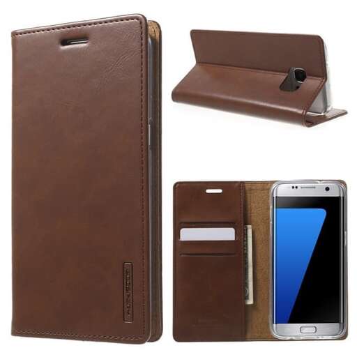 a brown leather case with a blue screen and a cell phone on it.