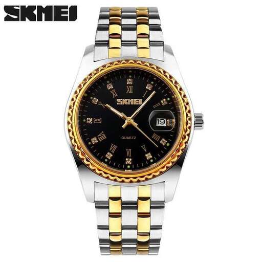 a watch with a black face and gold band.
