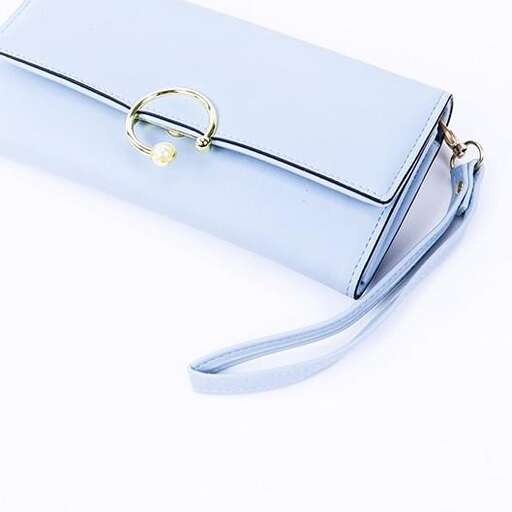 a blue leather wallet with a gold clasp.