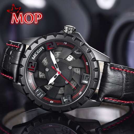 a watch with a black leather strap and a red strap.