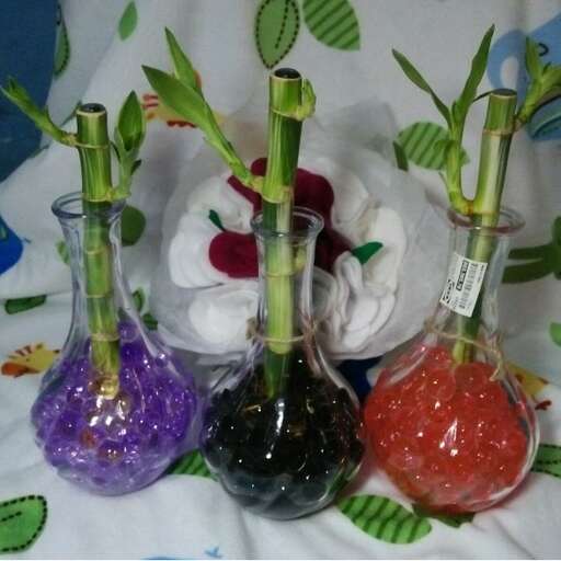 three vases with flowers and leaves on a table.