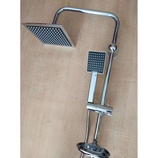 a shower head with a metal handle and a white and black background.