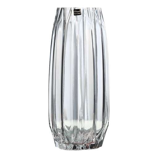 a glass vase with a clear base and a black base.