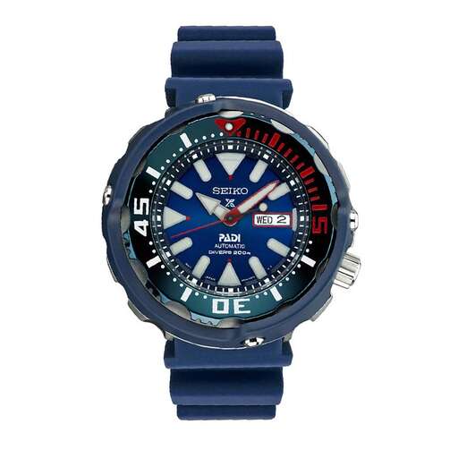 the watch is made of blue and red leather.