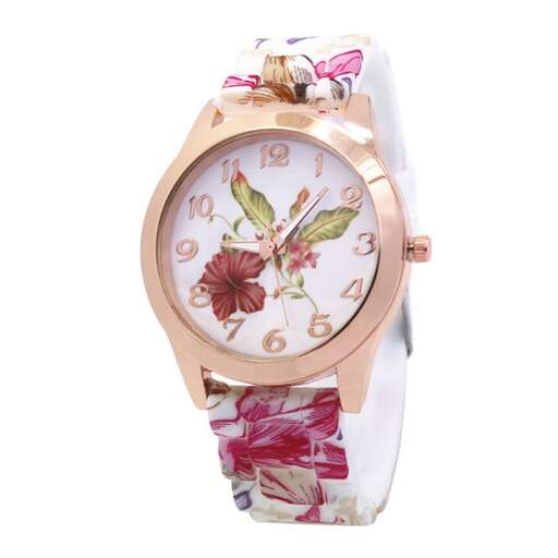 pink gold watch with floral print on the dial