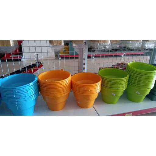 colorful plastic buckets for sale in a shop