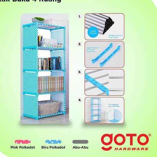 a shelf with a blue and white theme.