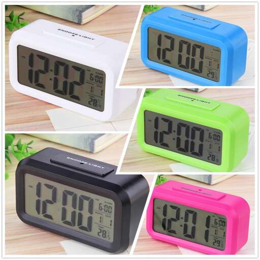a digital clock with a blue face and a green case