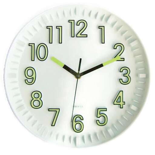 a clock that is white with green numbers and a green frame.