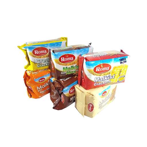 a selection of snacks on a white background.