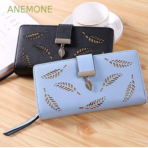 black leather wallet with a silver lining in the middle.