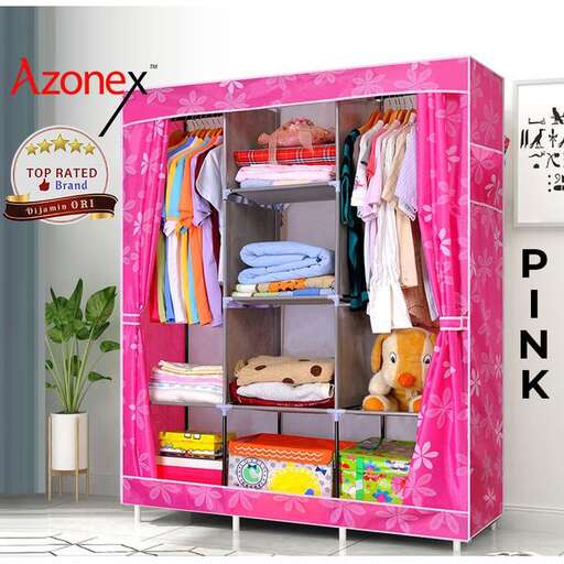 a pink cabinet with a pink shelf and a teddy bear.