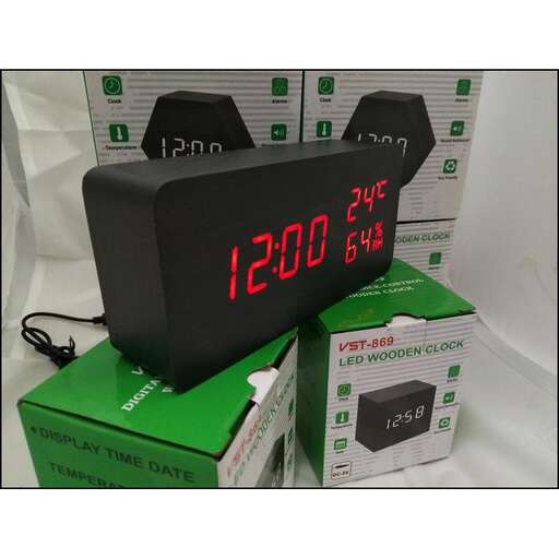 a digital clock is displayed on top of boxes.