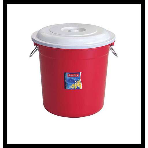 a red plastic cup with a lid.