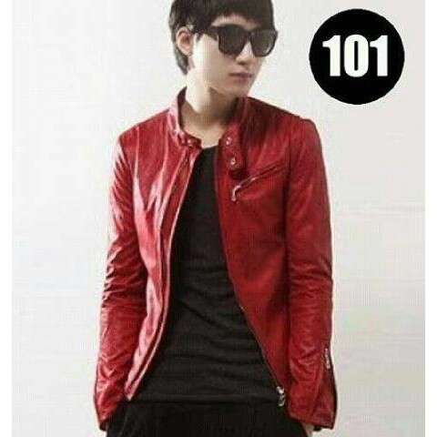person in a red leather jacket
