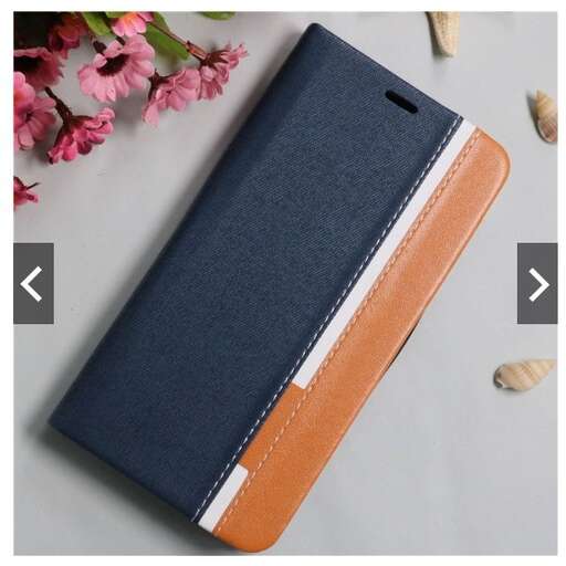 a leather case with a white edge and a blue lining.