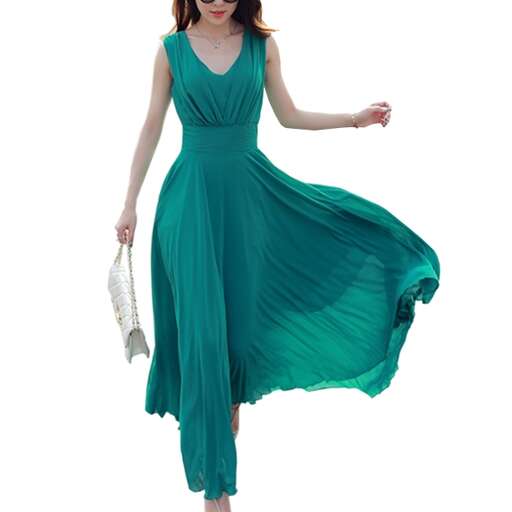 a model in a long green dress