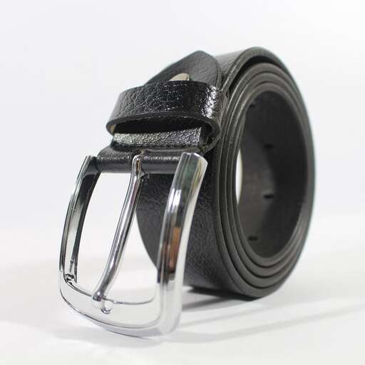 a black leather belt with a silver buckle