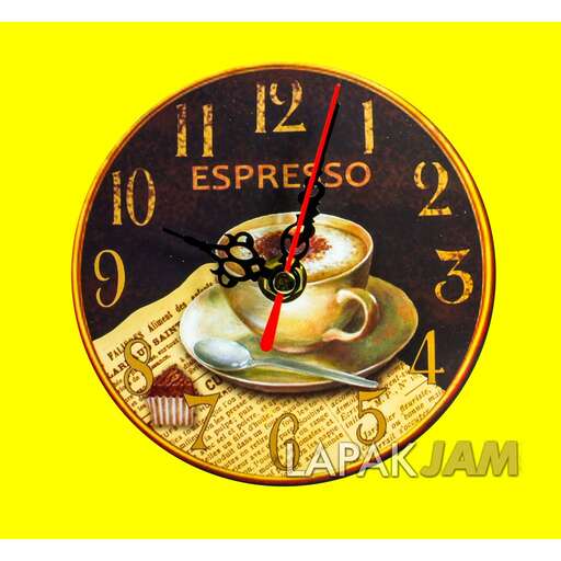 a clock with a cup of coffee on it.