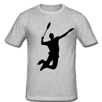 a t - shirt with a silhouette of a tennis player jumping in the air.