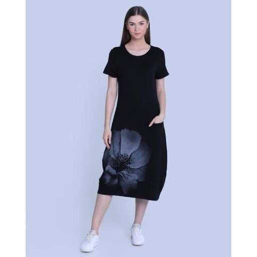 black dress with a flower on the front
