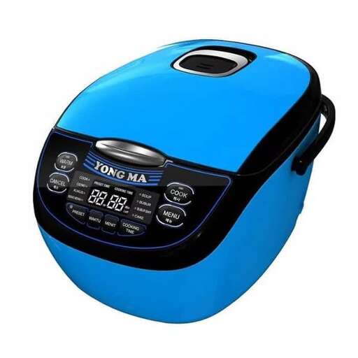 a blue toaster is shown on a white background.