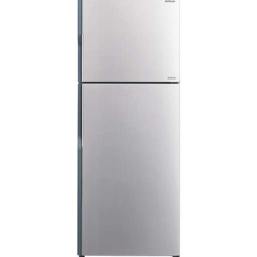 a silver refrigerator freezer sitting on top of a white surface.