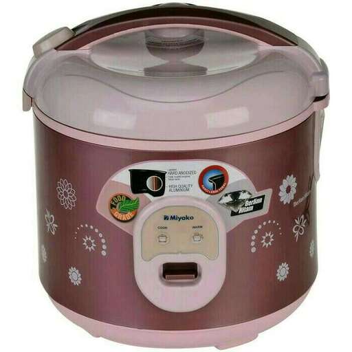 a pink crock pot with stickers on it.