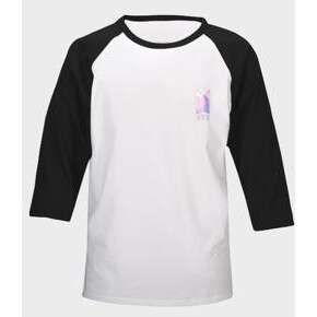 white and black t - shirt with a pink flower in the middle.