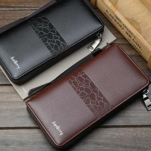 a leather wallet with a black leather cover and a silver zipper.