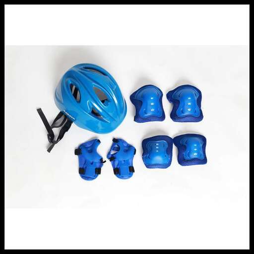 a blue helmet and a pair of gloves on a white surface.