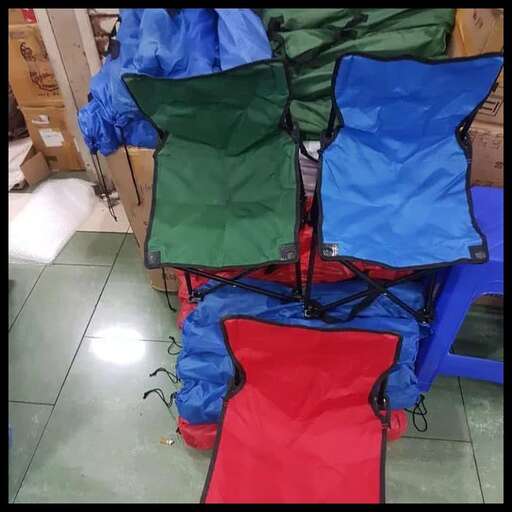 a chair with a red seat and a blue and red cushion.