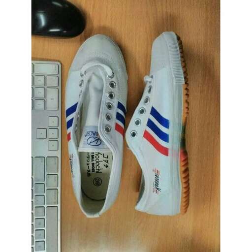 a pair of white sneakers with blue and red stripes on them.